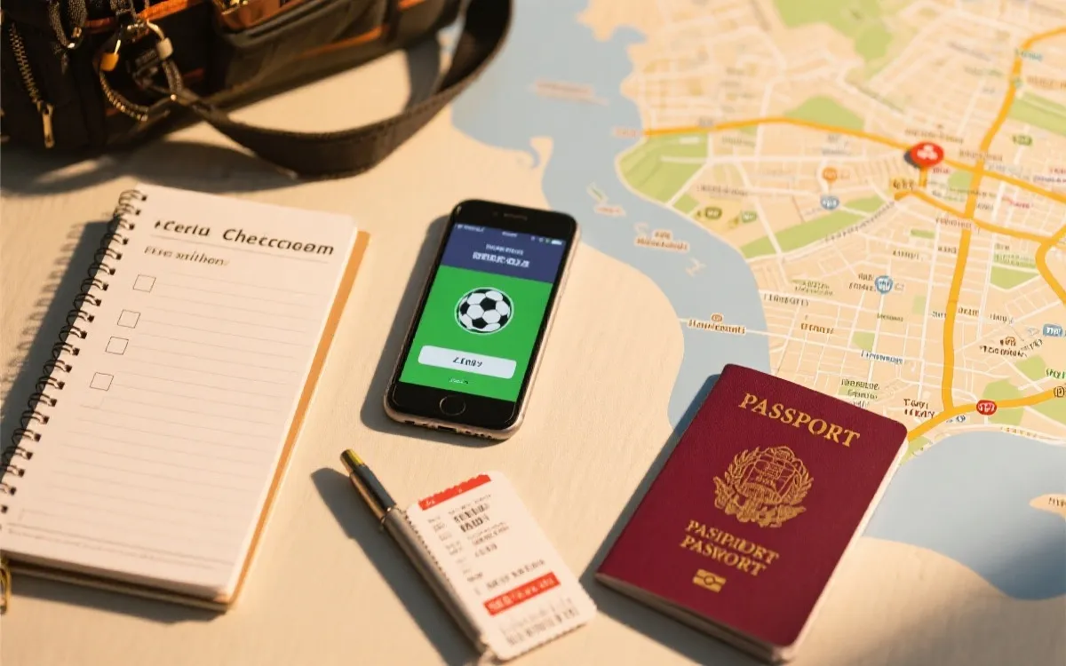 世界杯观赛准备清单的桌面平铺：护照、纸质清单、手机电子票界面、城市地图
