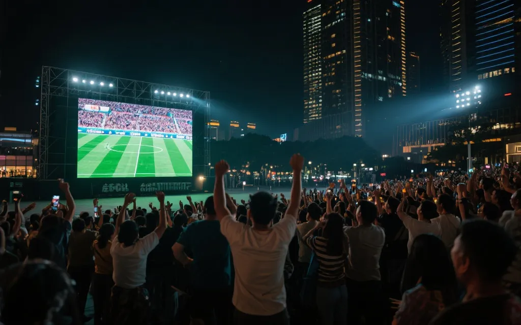 夜晚公共空间大屏播放足球比赛，观众围观，氛围感强